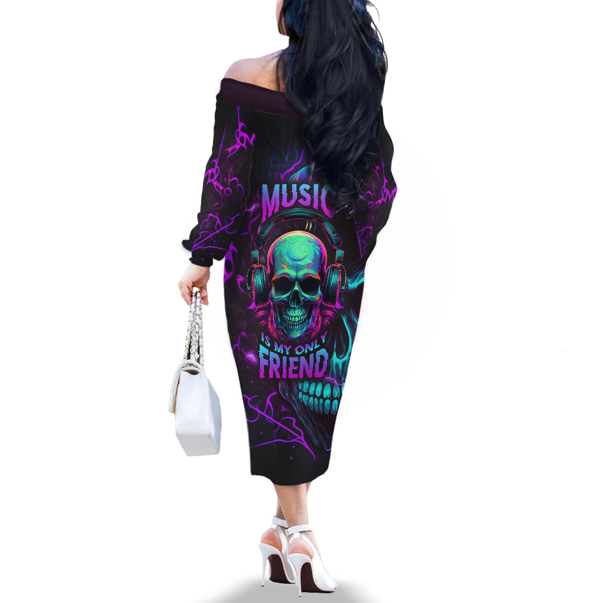 Music Is My Only Friend Skull Family Matching Off Shoulder Long Sleeve Dress and Hawaiian Shirt - Wonder Print Shop
