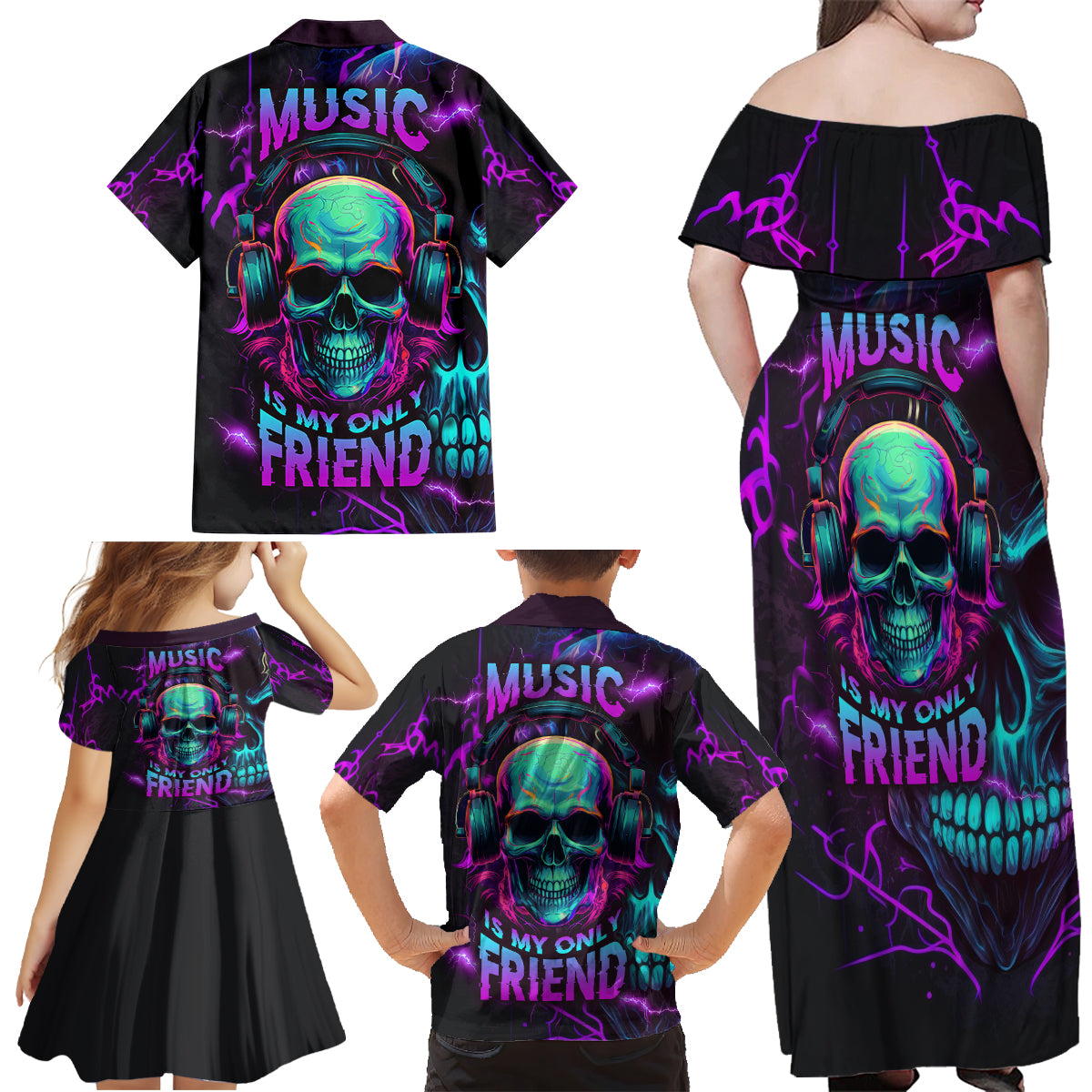 Music Is My Only Friend Skull Family Matching Off Shoulder Maxi Dress and Hawaiian Shirt - Wonder Print Shop