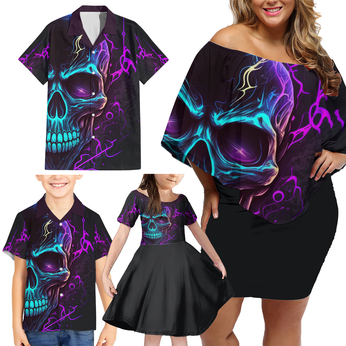 Music Is My Only Friend Skull Family Matching Off Shoulder Short Dress and Hawaiian Shirt - Wonder Print Shop