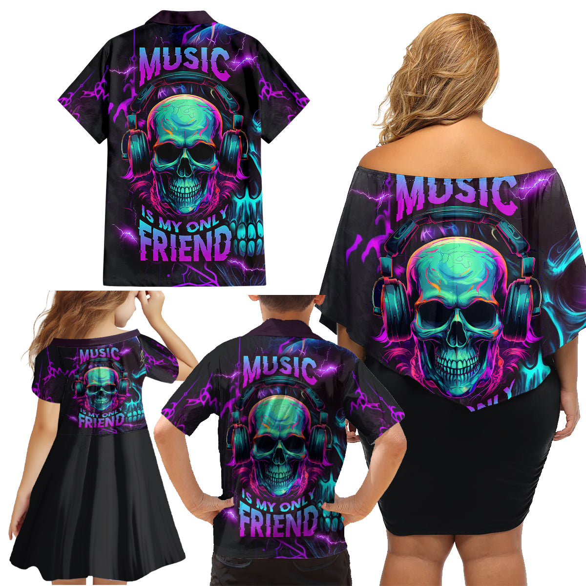 Music Is My Only Friend Skull Family Matching Off Shoulder Short Dress and Hawaiian Shirt - Wonder Print Shop