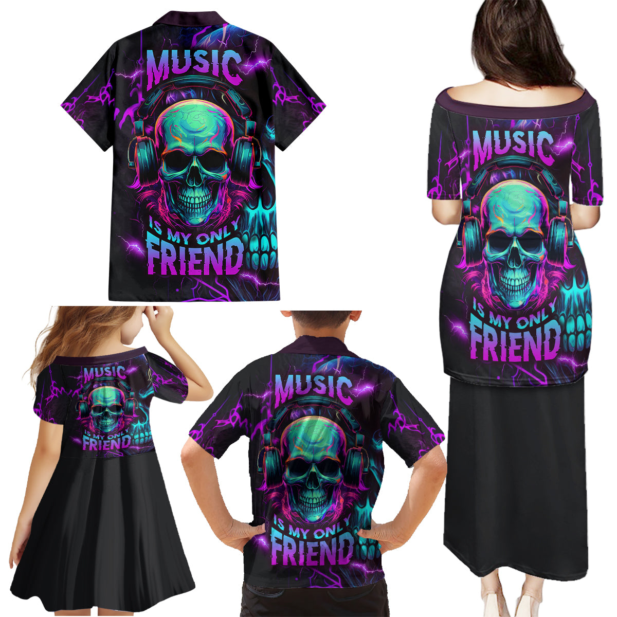 Music Is My Only Friend Skull Family Matching Puletasi Dress and Hawaiian Shirt - Wonder Print Shop