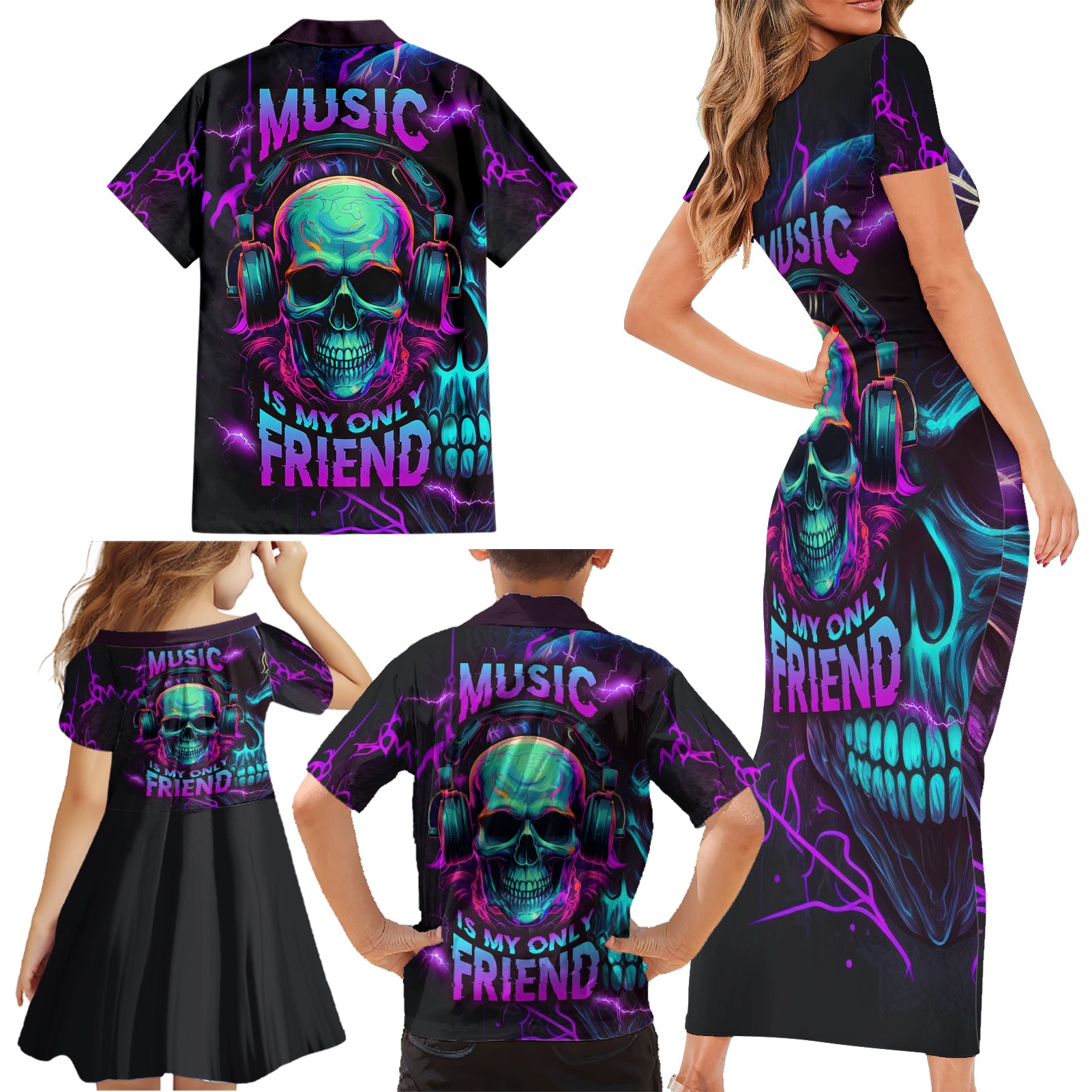 Music Is My Only Friend Skull Family Matching Short Sleeve Bodycon Dress and Hawaiian Shirt - Wonder Print Shop