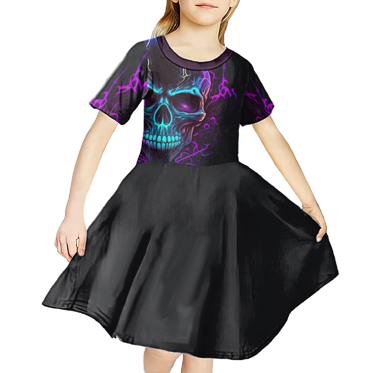 Music Is My Only Friend Skull Kid Short Sleeve Dress - Wonder Print Shop