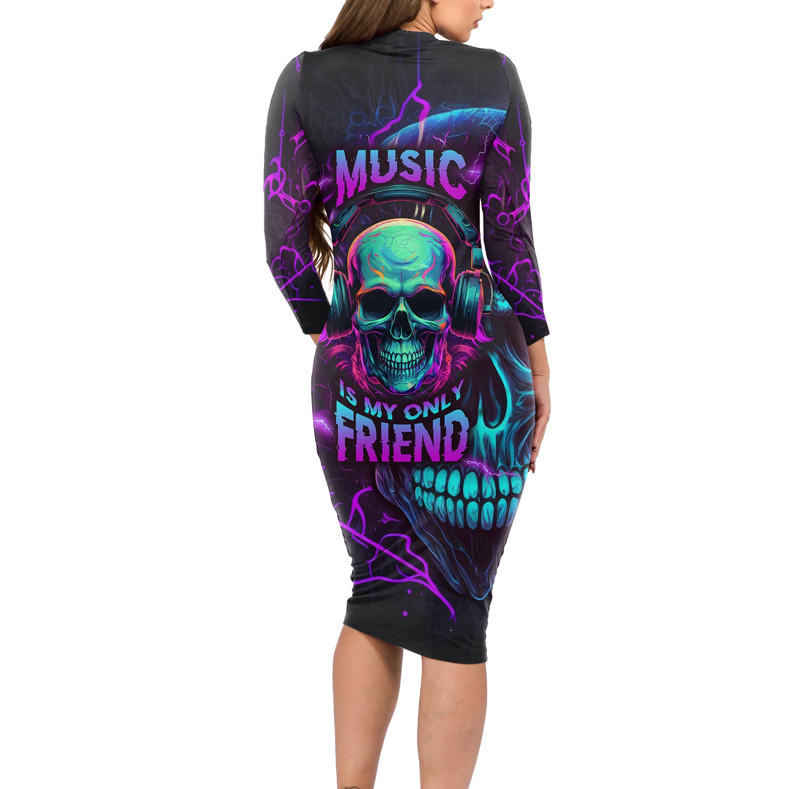 Music Is My Only Friend Skull Long Sleeve Bodycon Dress - Wonder Print Shop