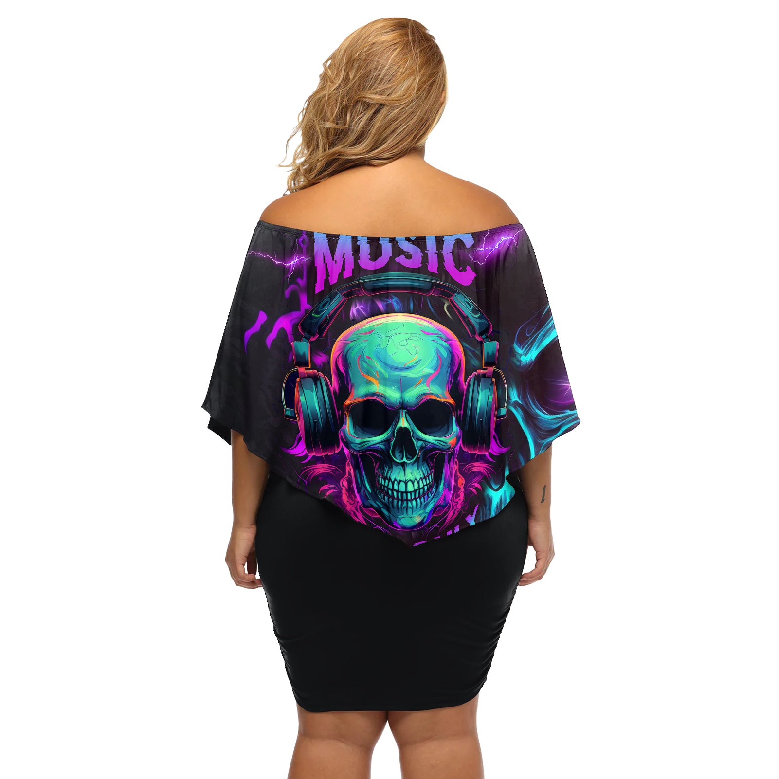 Music Is My Only Friend Skull Off Shoulder Short Dress - Wonder Print Shop