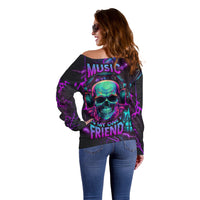 Music Is My Only Friend Skull Off Shoulder Sweater - Wonder Print Shop