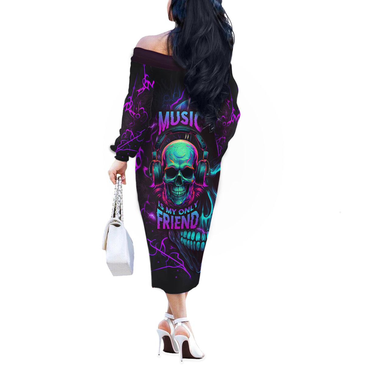 Music Is My Only Friend Skull Off The Shoulder Long Sleeve Dress - Wonder Print Shop