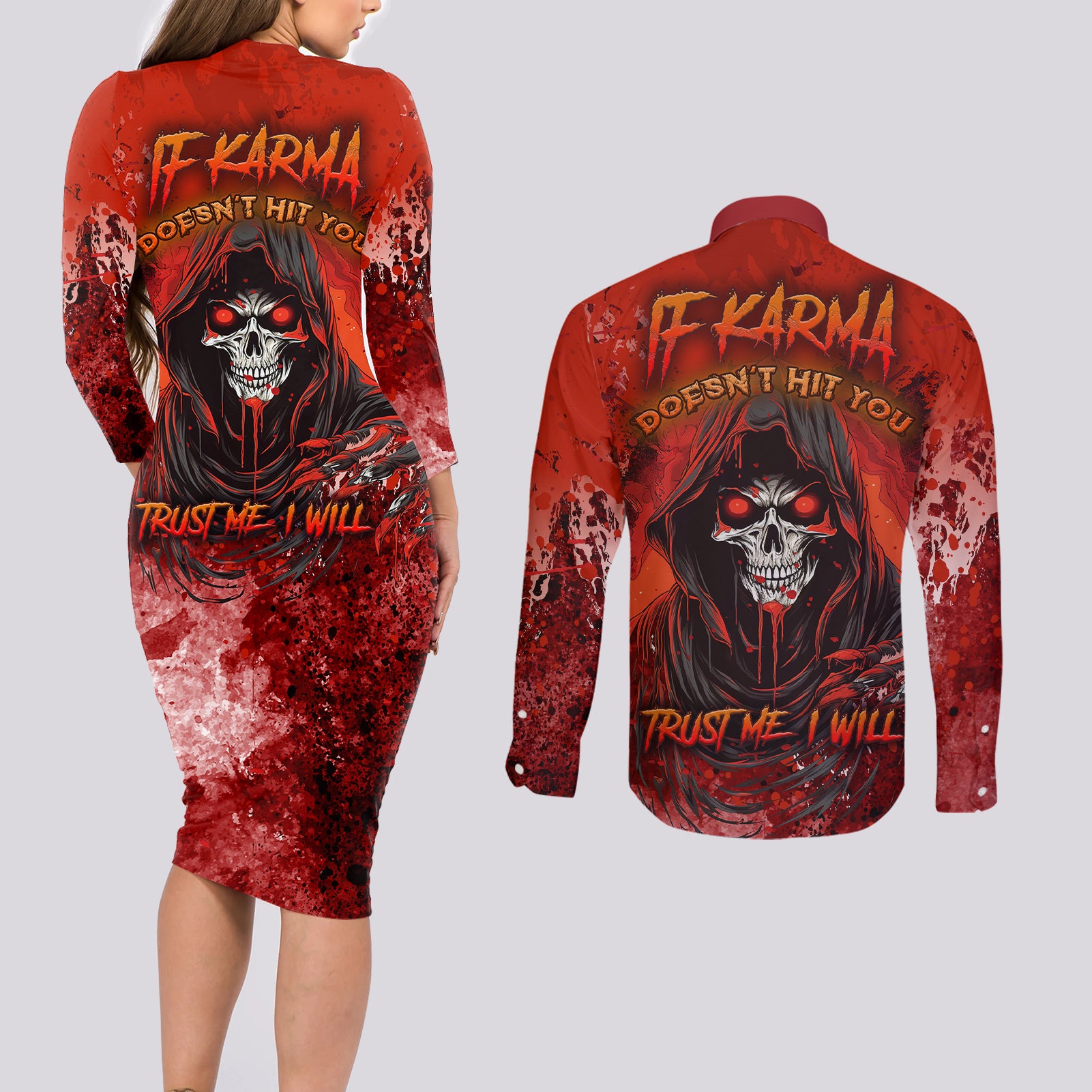 If Karma Doesn't Hit You Trust Me I Will Couples Matching Long Sleeve Bodycon Dress and Long Sleeve Button Shirts - Wonder Print Shop