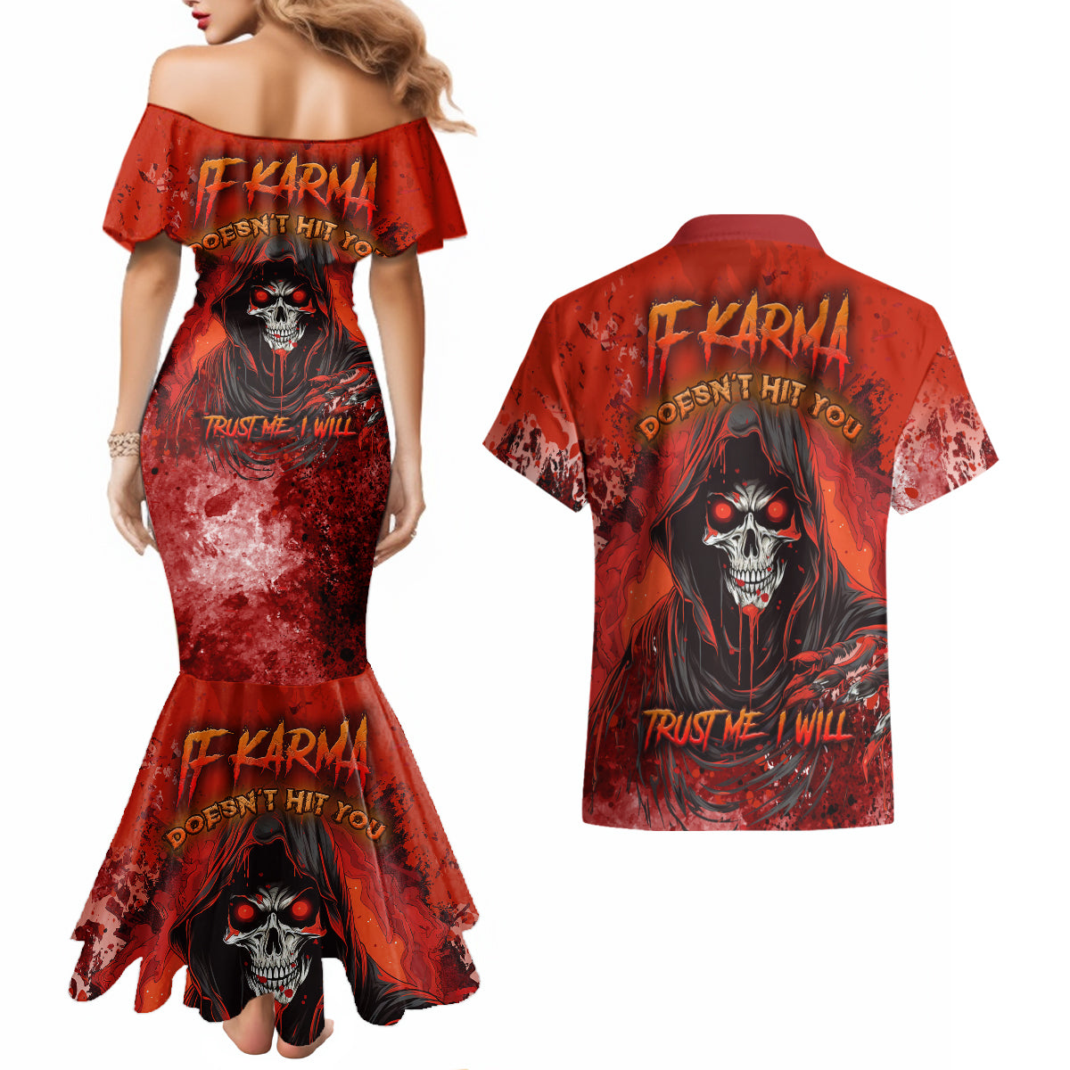 If Karma Doesn't Hit You Trust Me I Will Couples Matching Mermaid Dress and Hawaiian Shirt - Wonder Print Shop