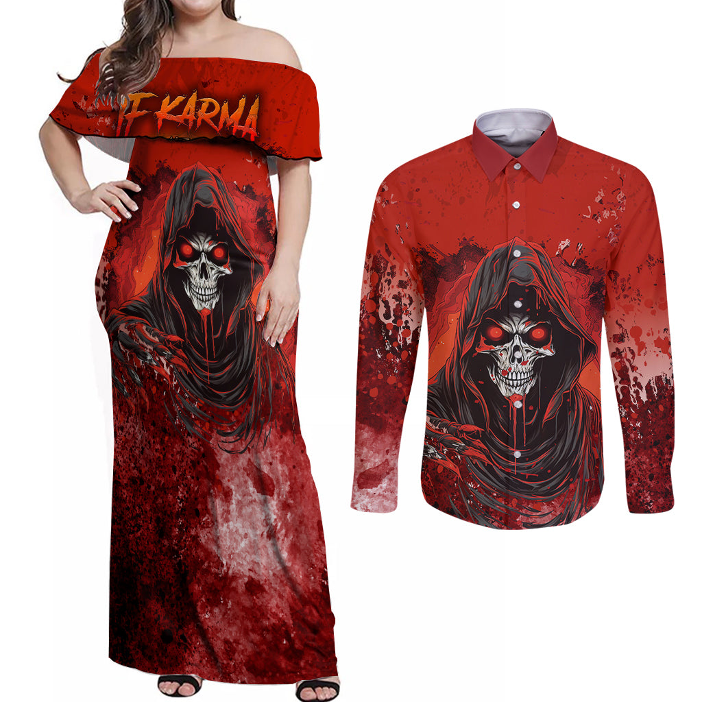 If Karma Doesn't Hit You Trust Me I Will Couples Matching Off Shoulder Maxi Dress and Long Sleeve Button Shirts - Wonder Print Shop