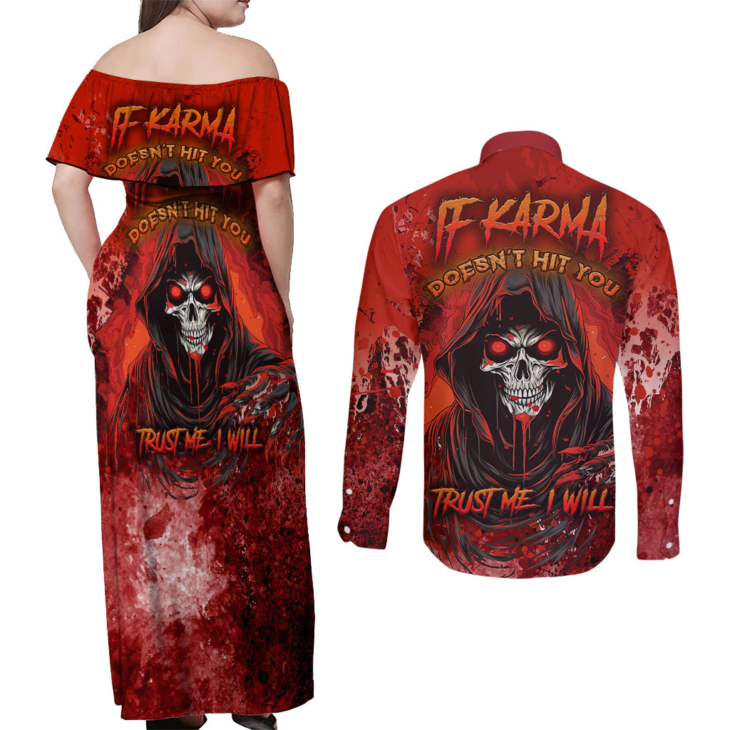 If Karma Doesn't Hit You Trust Me I Will Couples Matching Off Shoulder Maxi Dress and Long Sleeve Button Shirts - Wonder Print Shop