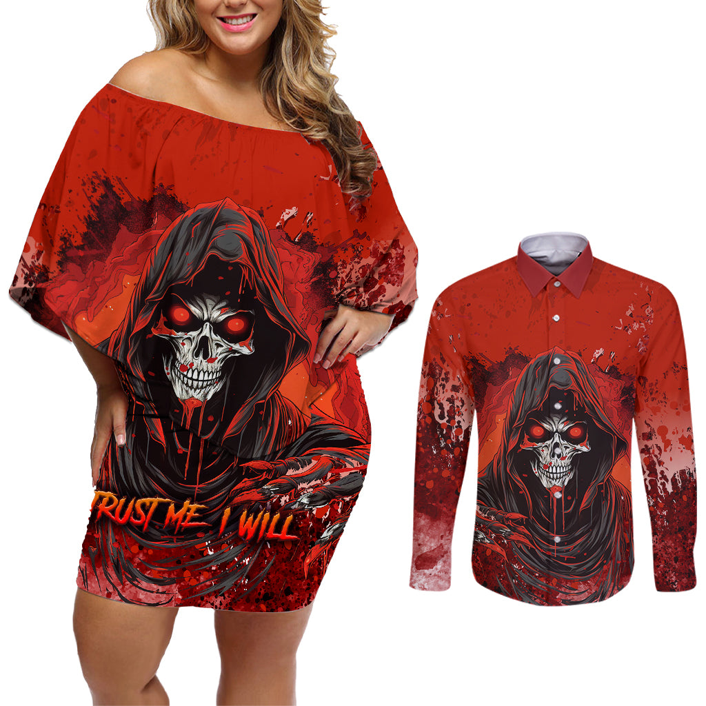 If Karma Doesn't Hit You Trust Me I Will Couples Matching Off Shoulder Short Dress and Long Sleeve Button Shirts - Wonder Print Shop