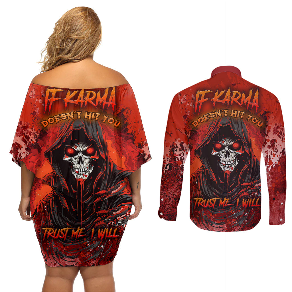 If Karma Doesn't Hit You Trust Me I Will Couples Matching Off Shoulder Short Dress and Long Sleeve Button Shirts - Wonder Print Shop