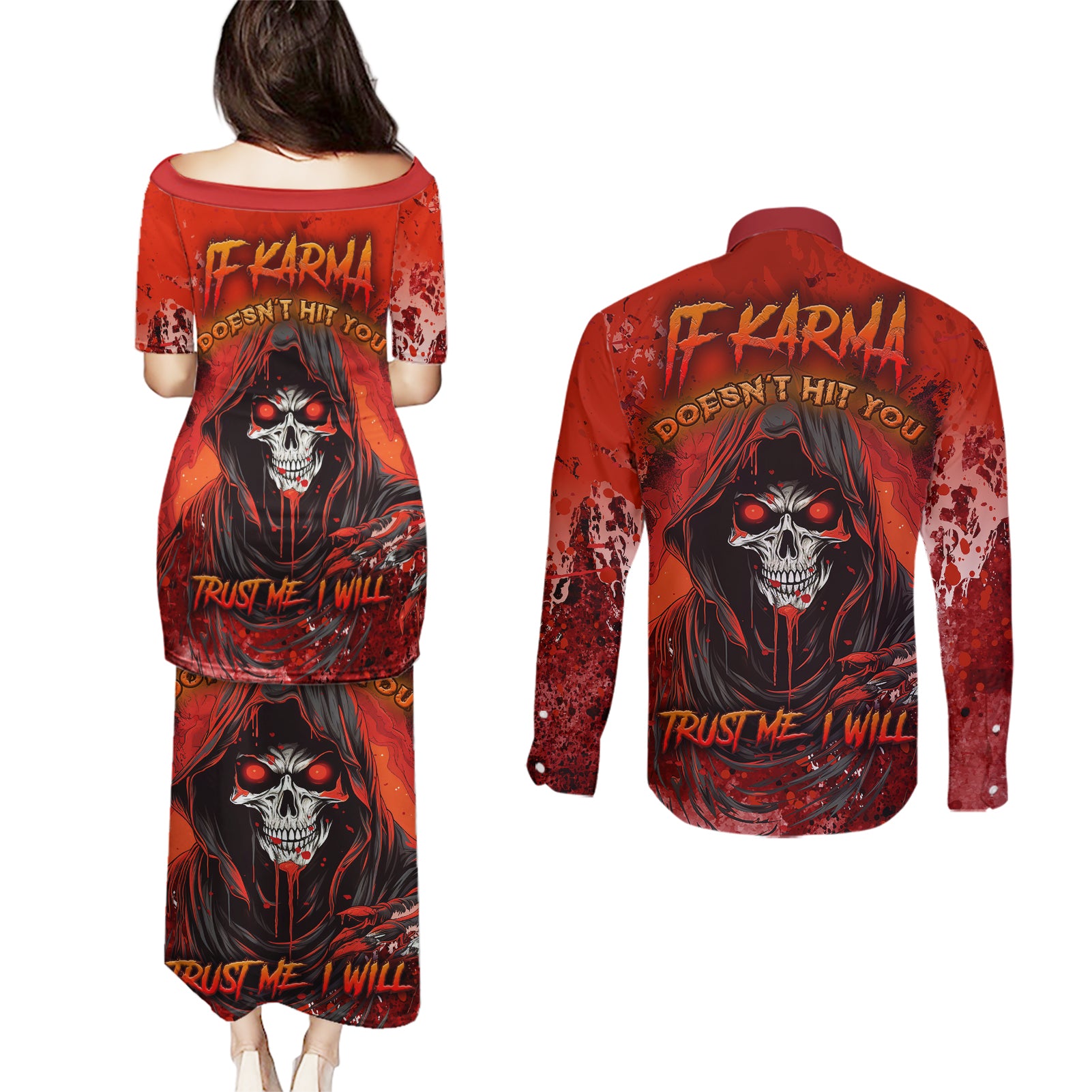 If Karma Doesn't Hit You Trust Me I Will Couples Matching Puletasi Dress and Long Sleeve Button Shirts - Wonder Print Shop