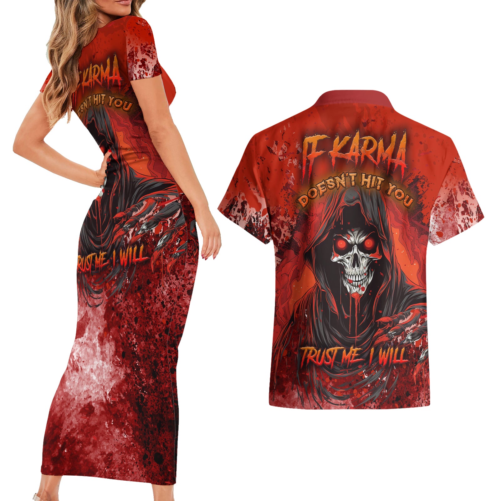 If Karma Doesn't Hit You Trust Me I Will Couples Matching Short Sleeve Bodycon Dress and Hawaiian Shirt - Wonder Print Shop