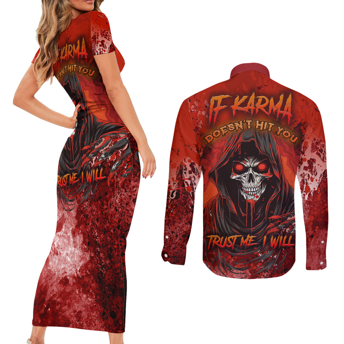 If Karma Doesn't Hit You Trust Me I Will Couples Matching Short Sleeve Bodycon Dress and Long Sleeve Button Shirts - Wonder Print Shop