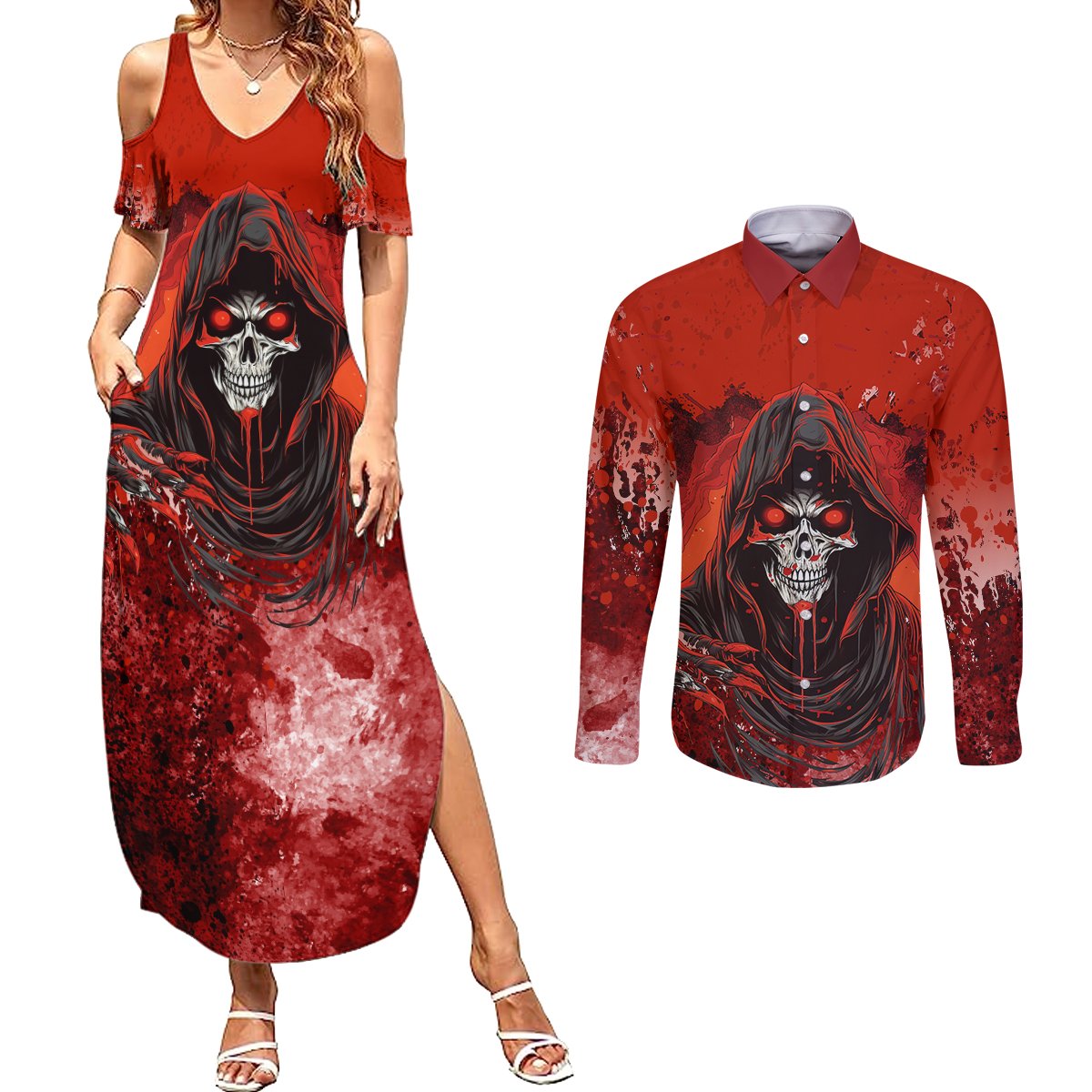 If Karma Doesn't Hit You Trust Me I Will Couples Matching Summer Maxi Dress and Long Sleeve Button Shirts - Wonder Print Shop