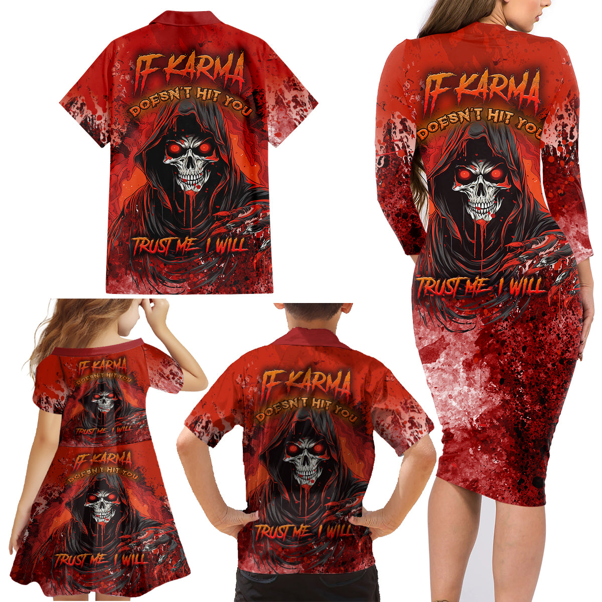 If Karma Doesn't Hit You Trust Me I Will Family Matching Long Sleeve Bodycon Dress and Hawaiian Shirt - Wonder Print Shop