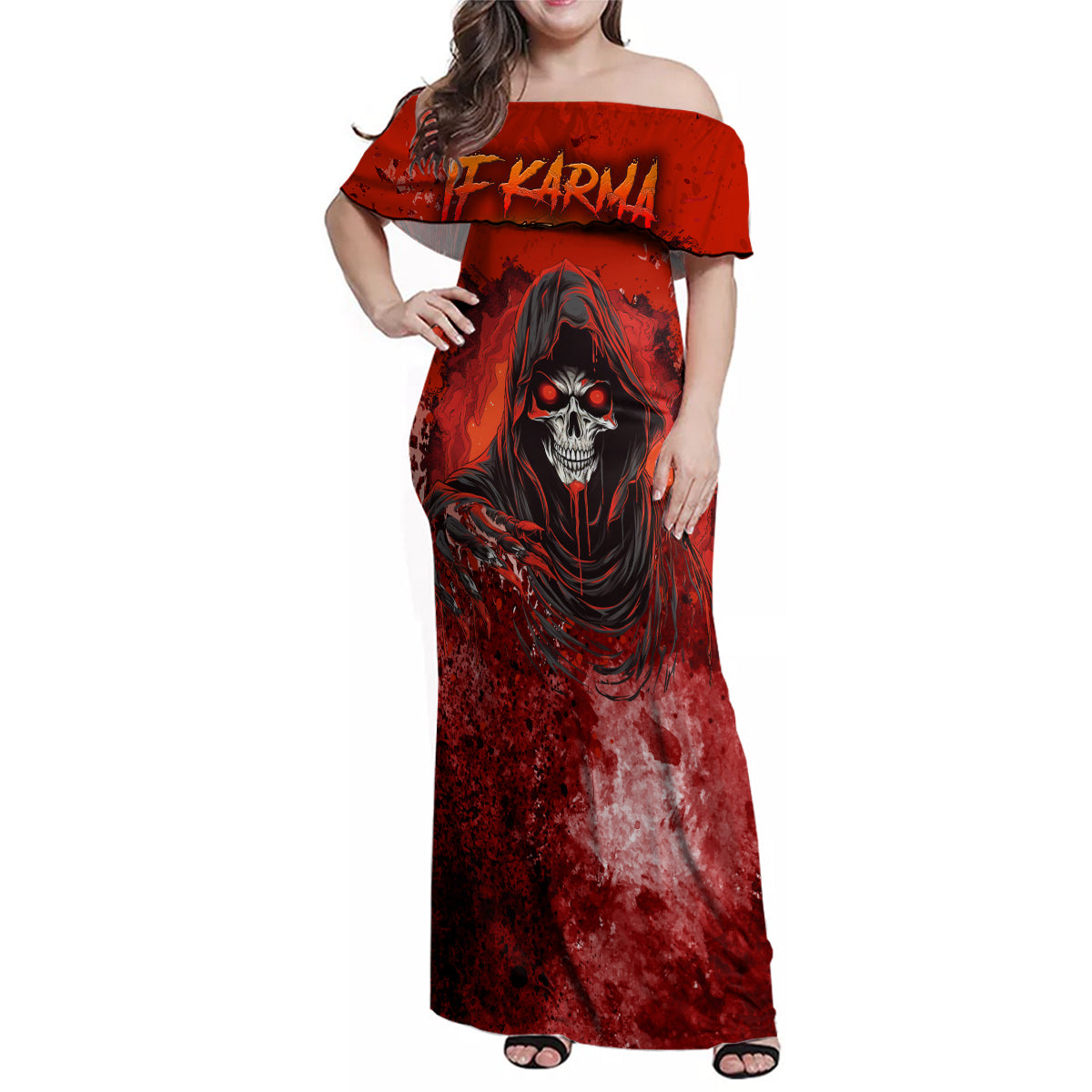 If Karma Doesn't Hit You Trust Me I Will Family Matching Off Shoulder Maxi Dress and Hawaiian Shirt - Wonder Print Shop