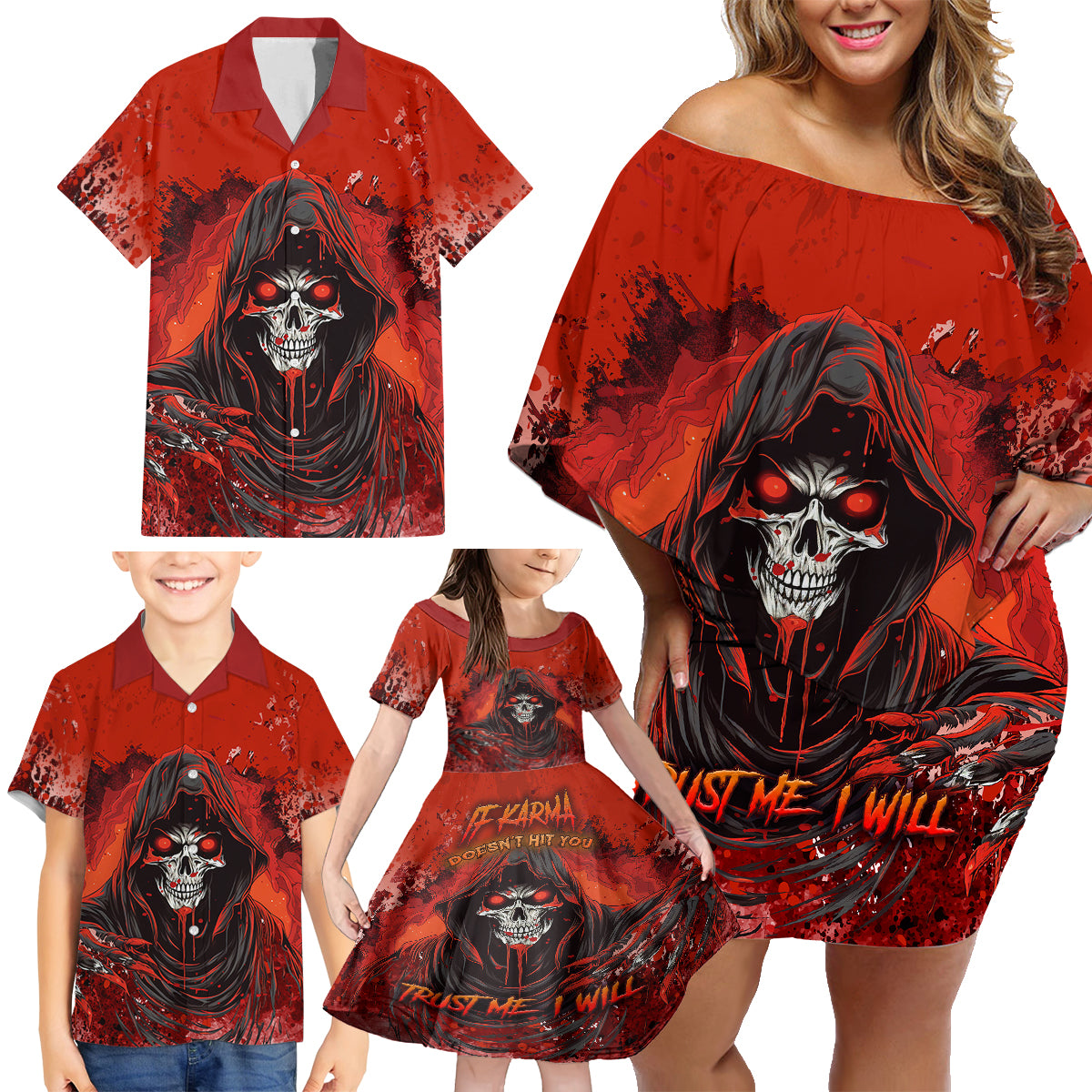 If Karma Doesn't Hit You Trust Me I Will Family Matching Off Shoulder Short Dress and Hawaiian Shirt - Wonder Print Shop