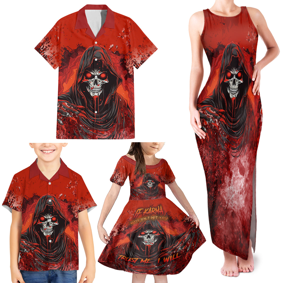 If Karma Doesn't Hit You Trust Me I Will Family Matching Tank Maxi Dress and Hawaiian Shirt - Wonder Print Shop