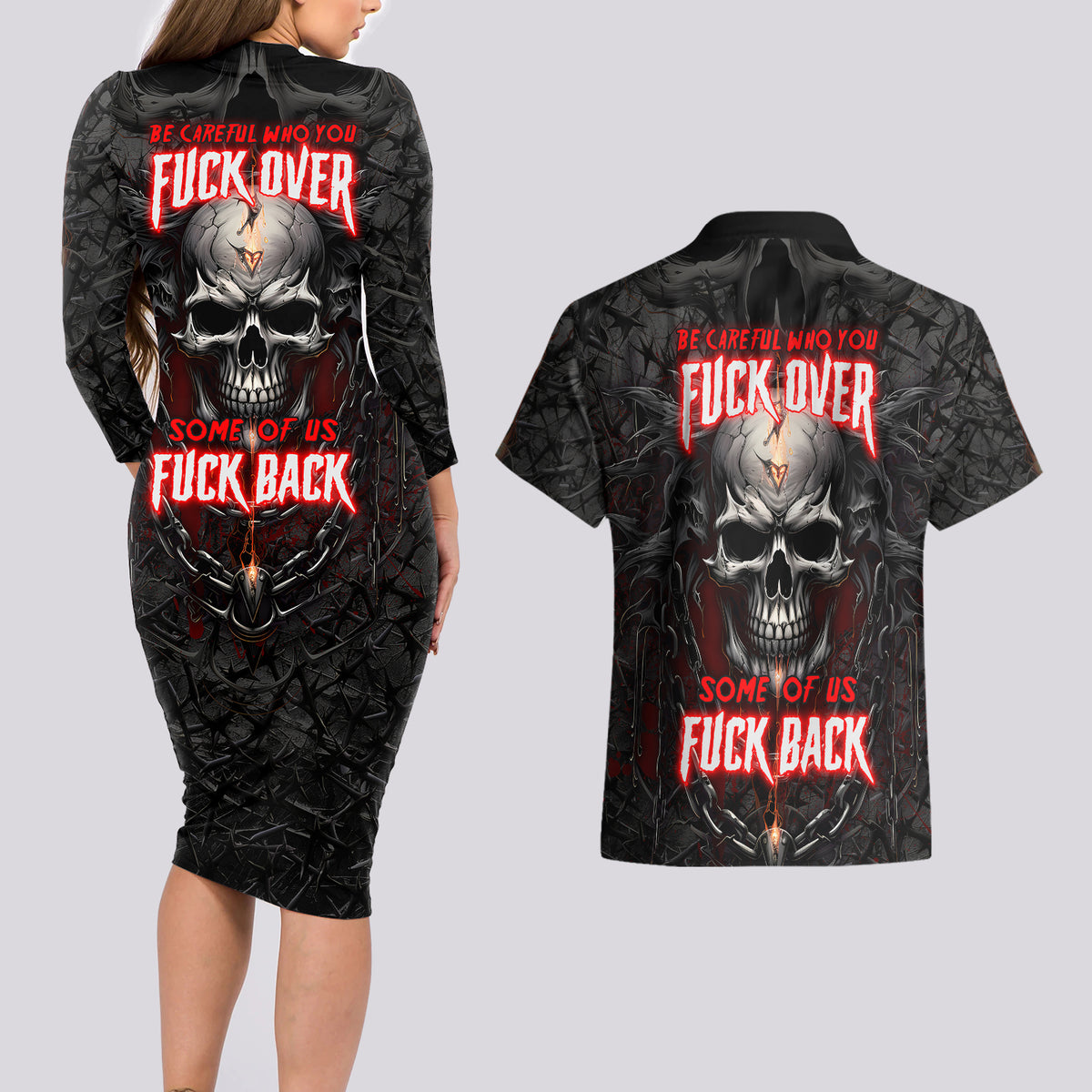 Be Careful Skull Couples Matching Long Sleeve Bodycon Dress and Hawaiian Shirt - Wonder Print Shop