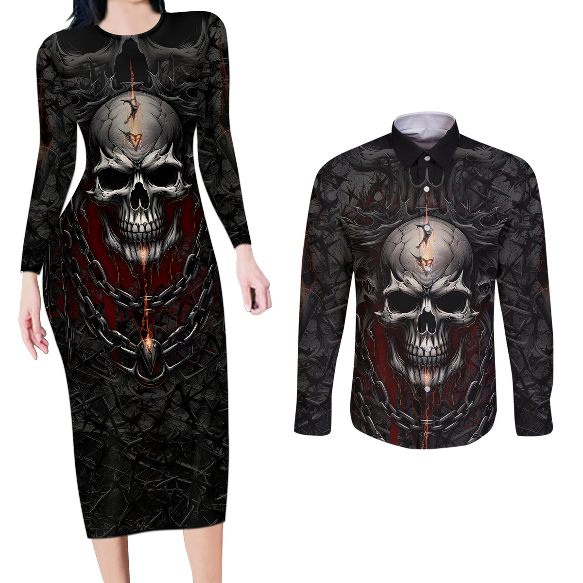 Be Careful Skull Couples Matching Long Sleeve Bodycon Dress and Long Sleeve Button Shirts - Wonder Print Shop