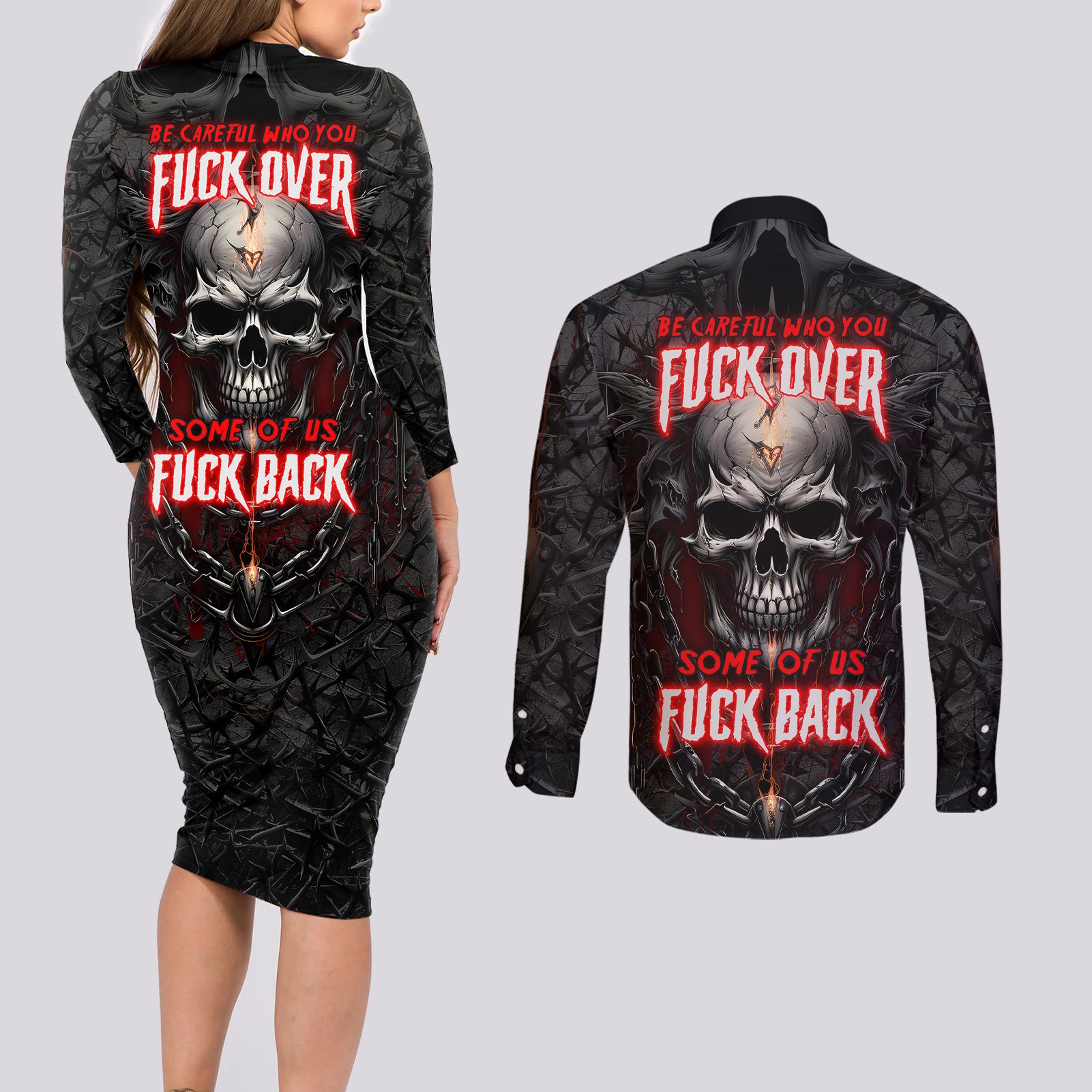 Be Careful Skull Couples Matching Long Sleeve Bodycon Dress and Long Sleeve Button Shirts - Wonder Print Shop