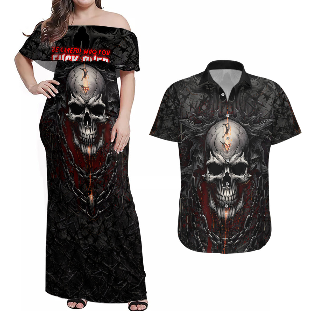 Be Careful Skull Couples Matching Off Shoulder Maxi Dress and Hawaiian Shirt - Wonder Print Shop