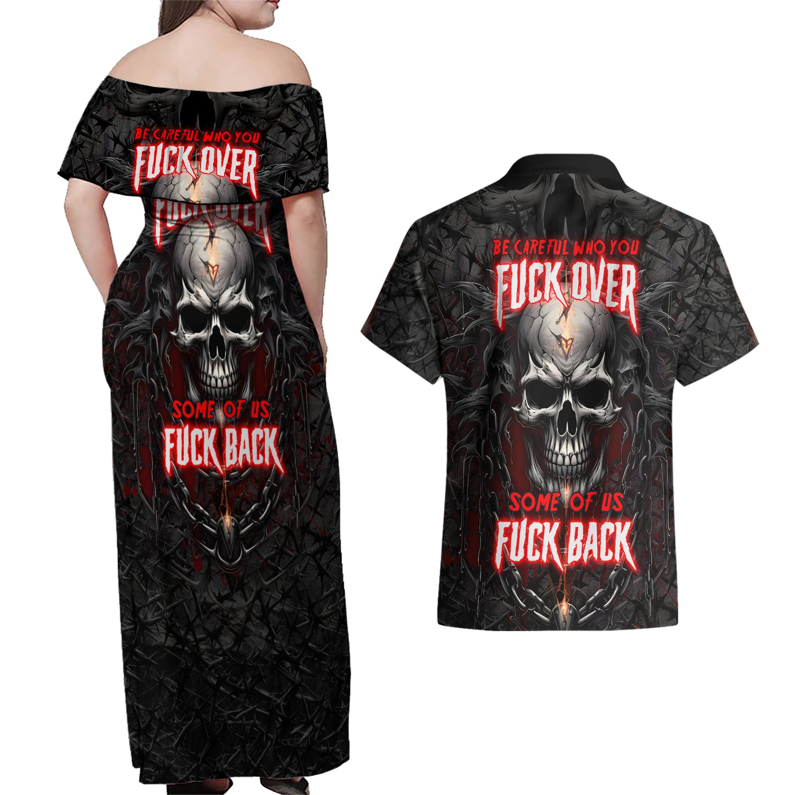 Be Careful Skull Couples Matching Off Shoulder Maxi Dress and Hawaiian Shirt - Wonder Print Shop