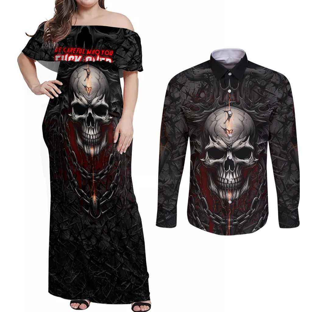 Be Careful Skull Couples Matching Off Shoulder Maxi Dress and Long Sleeve Button Shirts - Wonder Print Shop