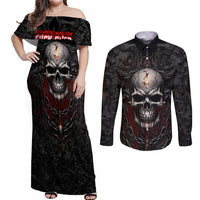 Be Careful Skull Couples Matching Off Shoulder Maxi Dress and Long Sleeve Button Shirts - Wonder Print Shop