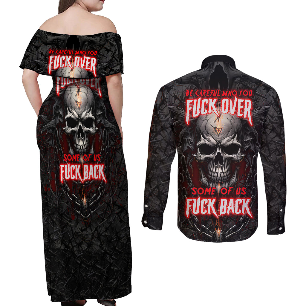 Be Careful Skull Couples Matching Off Shoulder Maxi Dress and Long Sleeve Button Shirts - Wonder Print Shop