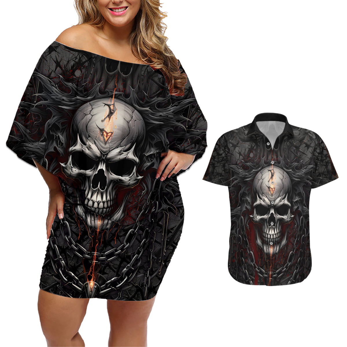 Be Careful Skull Couples Matching Off Shoulder Short Dress and Hawaiian Shirt - Wonder Print Shop
