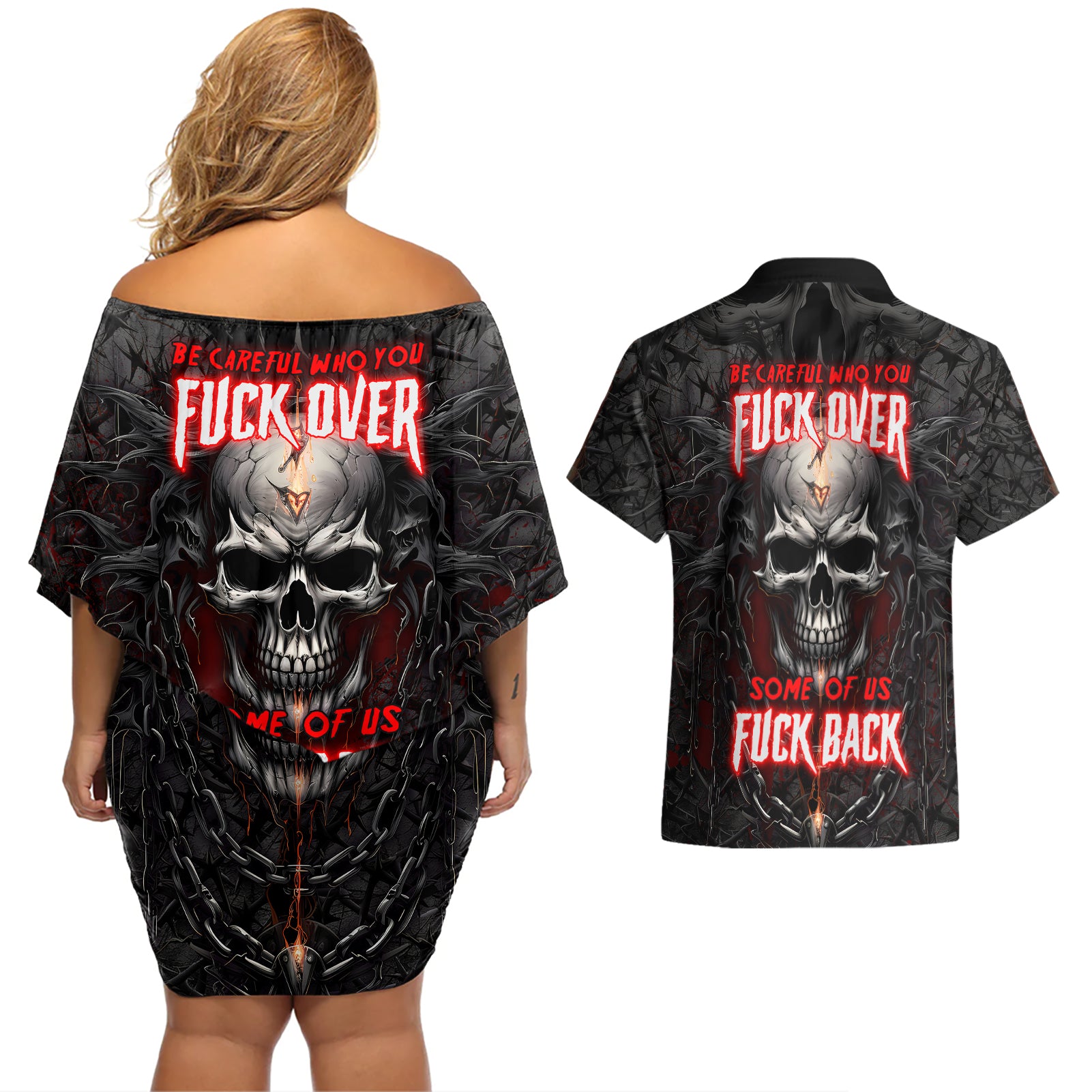 Be Careful Skull Couples Matching Off Shoulder Short Dress and Hawaiian Shirt - Wonder Print Shop