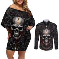 Be Careful Skull Couples Matching Off Shoulder Short Dress and Long Sleeve Button Shirts - Wonder Print Shop