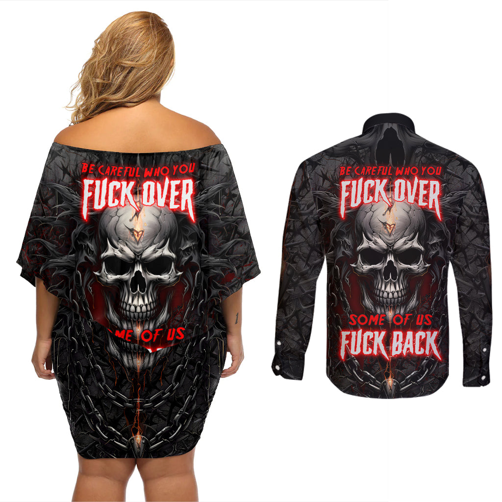 Be Careful Skull Couples Matching Off Shoulder Short Dress and Long Sleeve Button Shirts - Wonder Print Shop