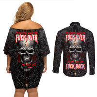 Be Careful Skull Couples Matching Off Shoulder Short Dress and Long Sleeve Button Shirts - Wonder Print Shop