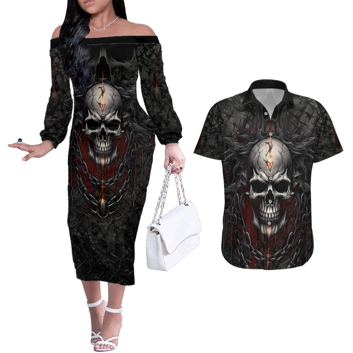 Be Careful Skull Couples Matching Off The Shoulder Long Sleeve Dress and Hawaiian Shirt - Wonder Print Shop