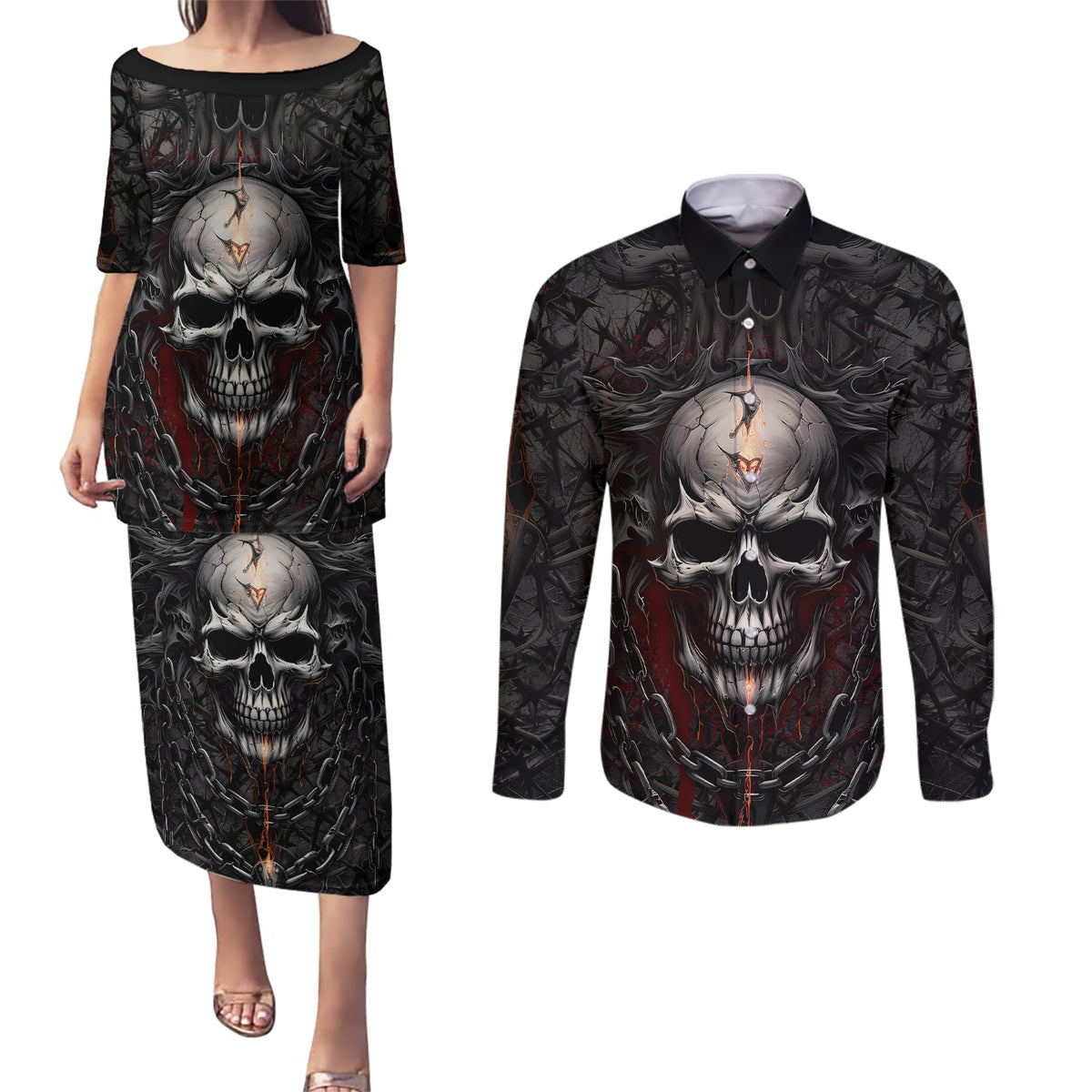 Be Careful Skull Couples Matching Puletasi Dress and Long Sleeve Button Shirts - Wonder Print Shop