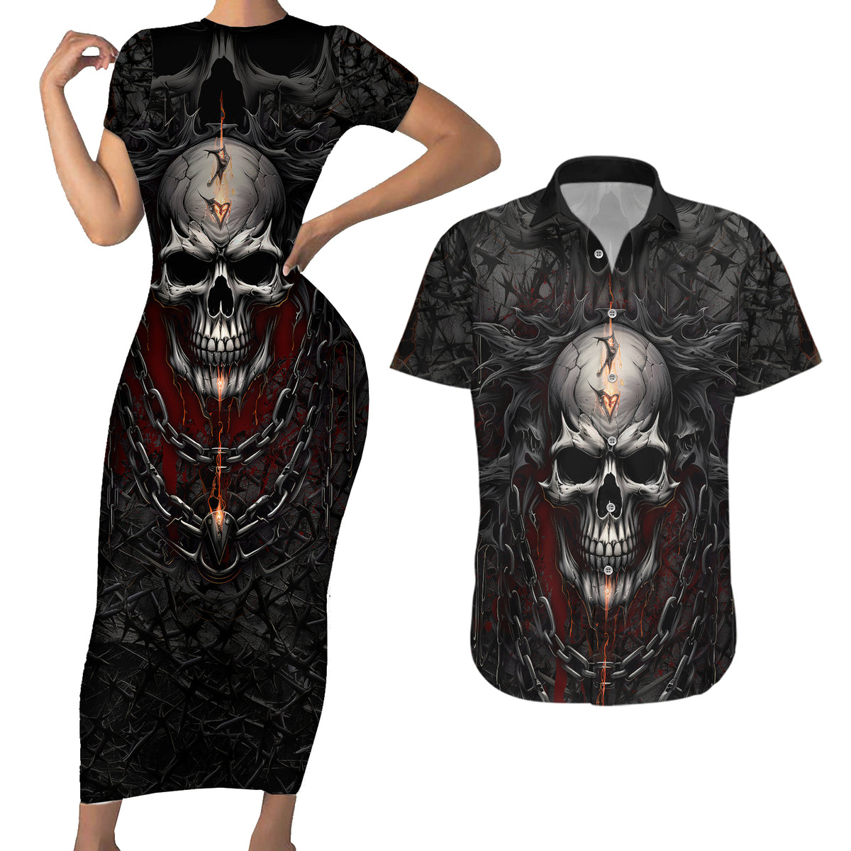 Be Careful Skull Couples Matching Short Sleeve Bodycon Dress and Hawaiian Shirt - Wonder Print Shop