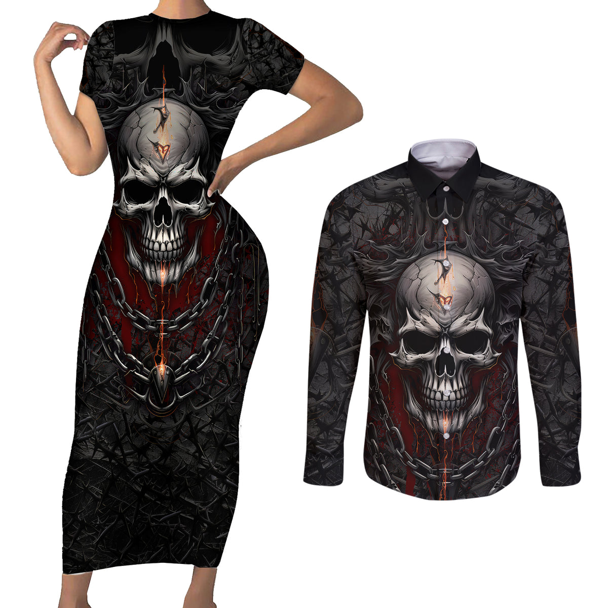 Be Careful Skull Couples Matching Short Sleeve Bodycon Dress and Long Sleeve Button Shirts - Wonder Print Shop