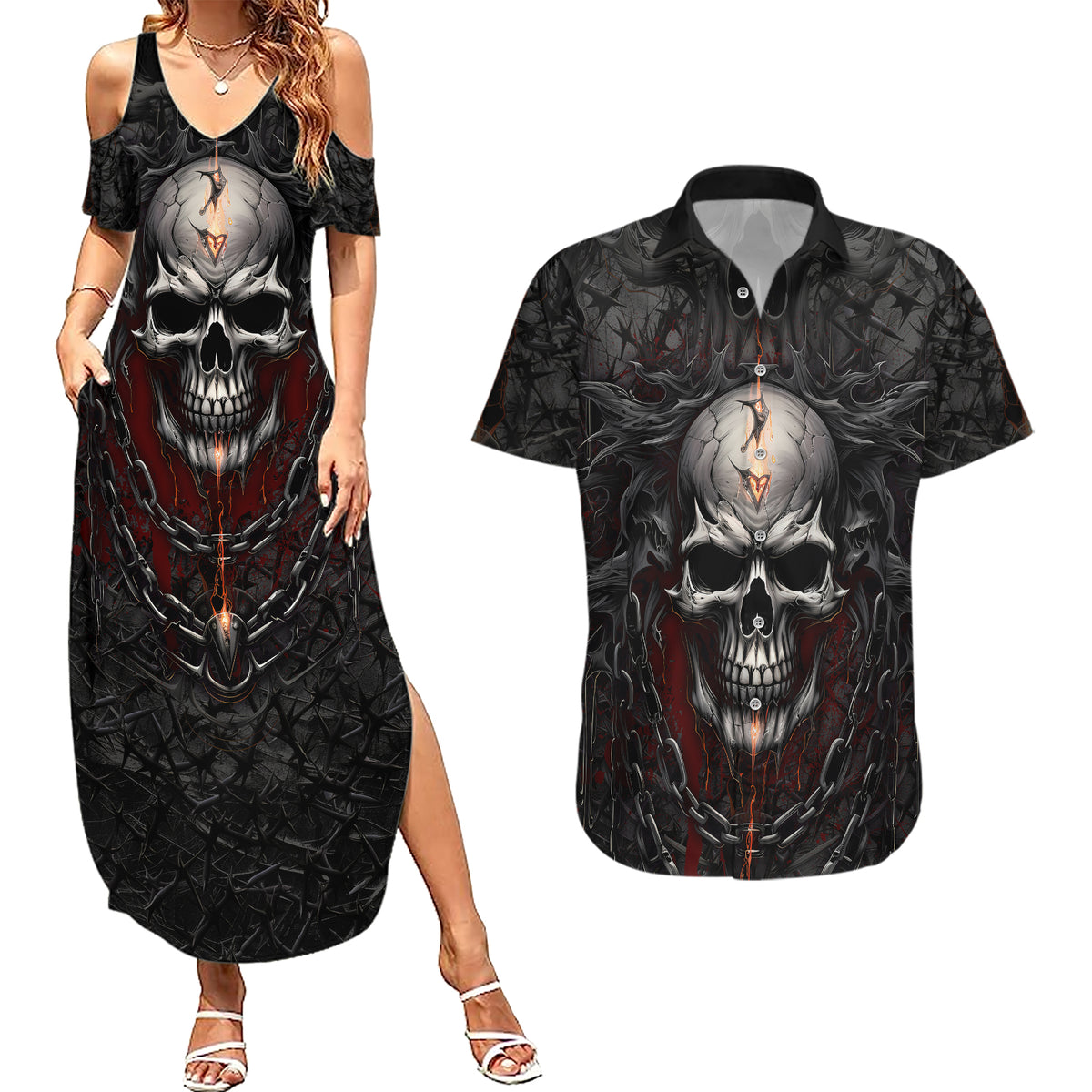 Be Careful Skull Couples Matching Summer Maxi Dress and Hawaiian Shirt - Wonder Print Shop