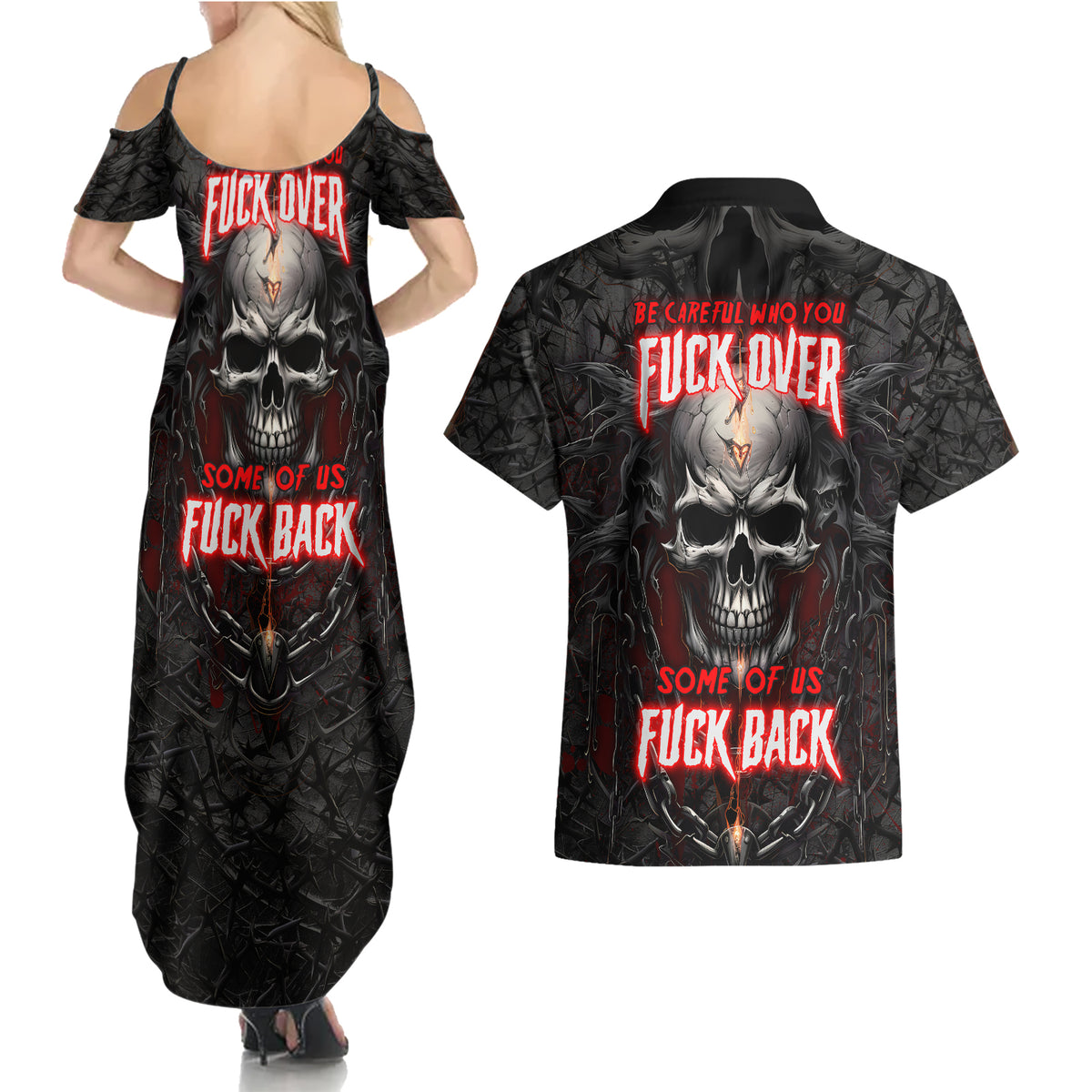 Be Careful Skull Couples Matching Summer Maxi Dress and Hawaiian Shirt - Wonder Print Shop