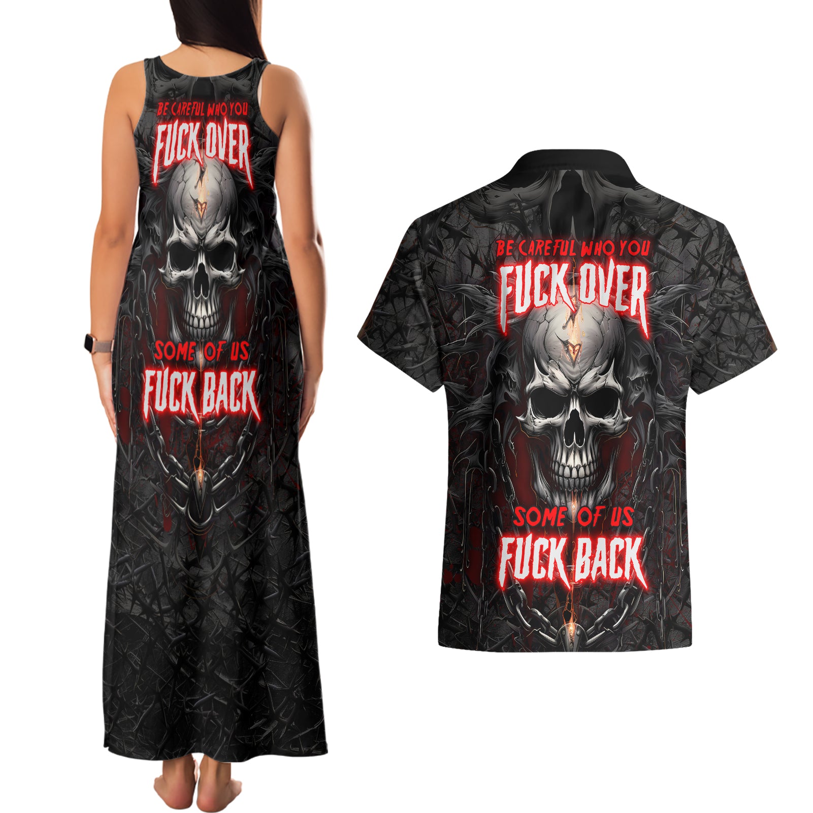 Be Careful Skull Couples Matching Tank Maxi Dress and Hawaiian Shirt - Wonder Print Shop
