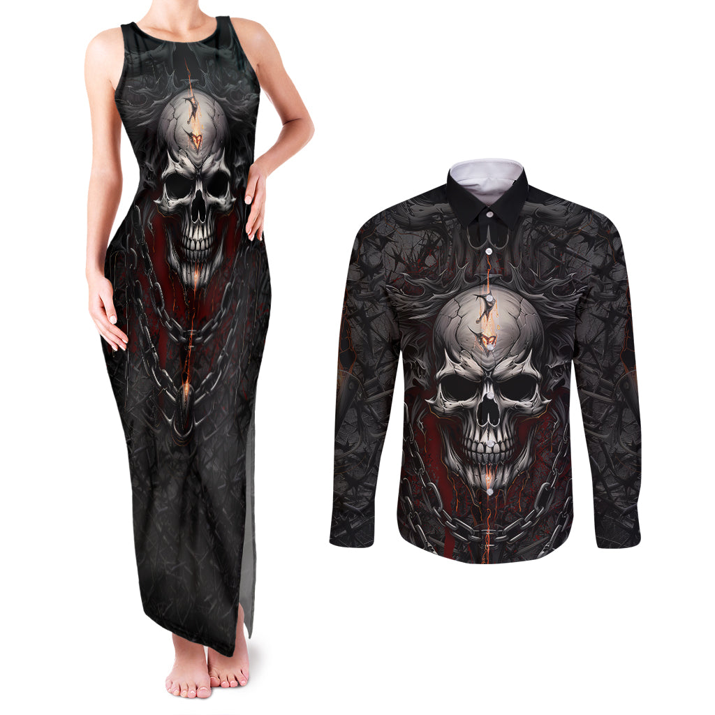 Be Careful Skull Couples Matching Tank Maxi Dress and Long Sleeve Button Shirts - Wonder Print Shop