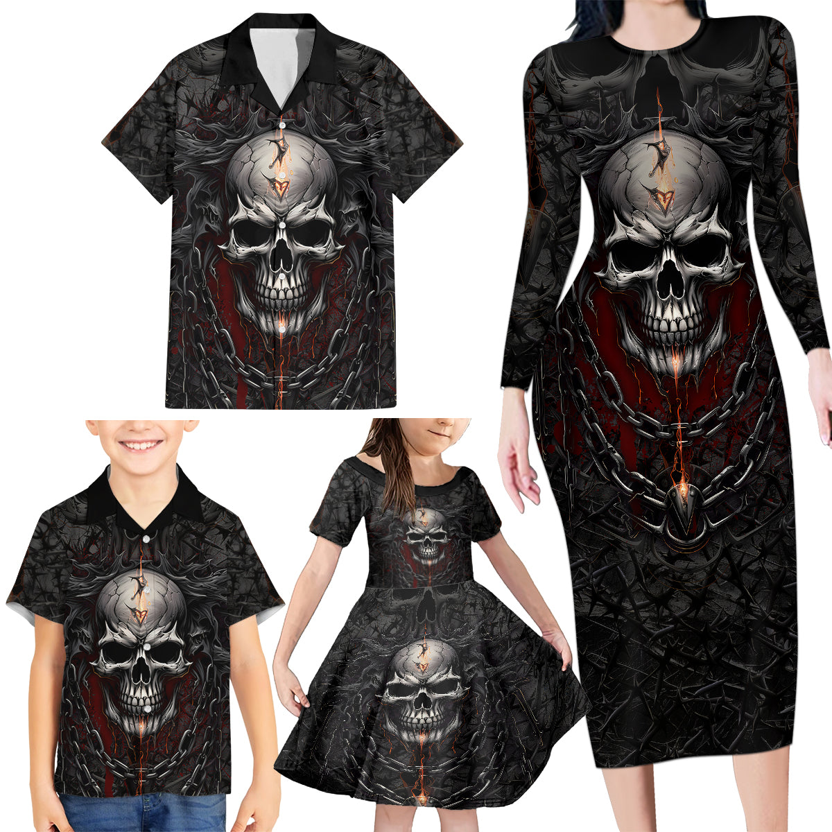 Be Careful Skull Family Matching Long Sleeve Bodycon Dress and Hawaiian Shirt - Wonder Print Shop