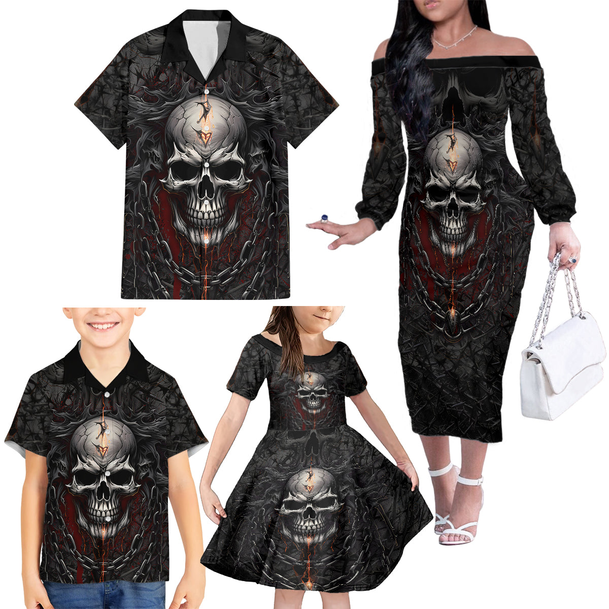 Be Careful Skull Family Matching Off Shoulder Long Sleeve Dress and Hawaiian Shirt - Wonder Print Shop