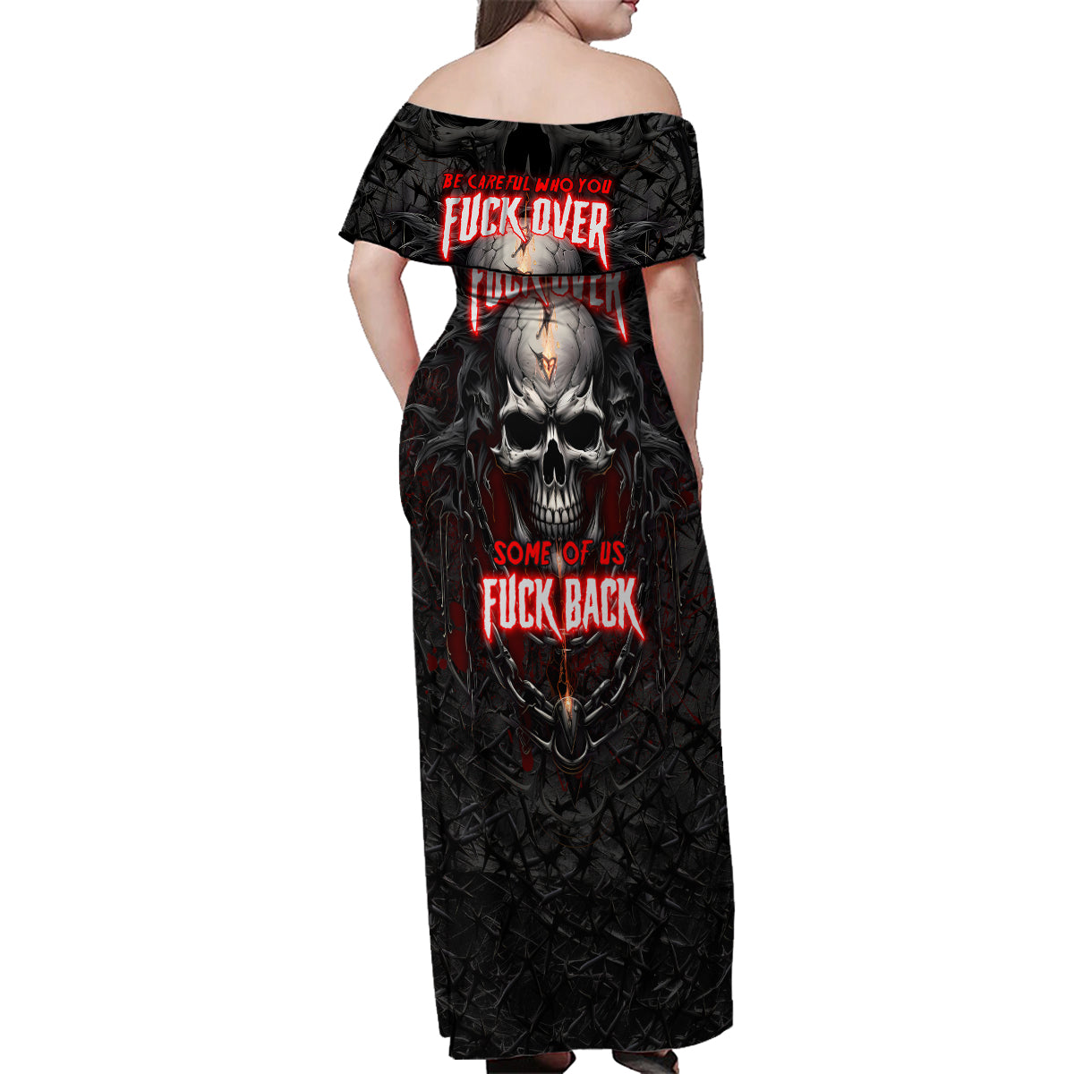 Be Careful Skull Family Matching Off Shoulder Maxi Dress and Hawaiian Shirt - Wonder Print Shop