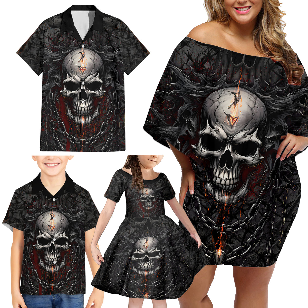 Be Careful Skull Family Matching Off Shoulder Short Dress and Hawaiian Shirt - Wonder Print Shop